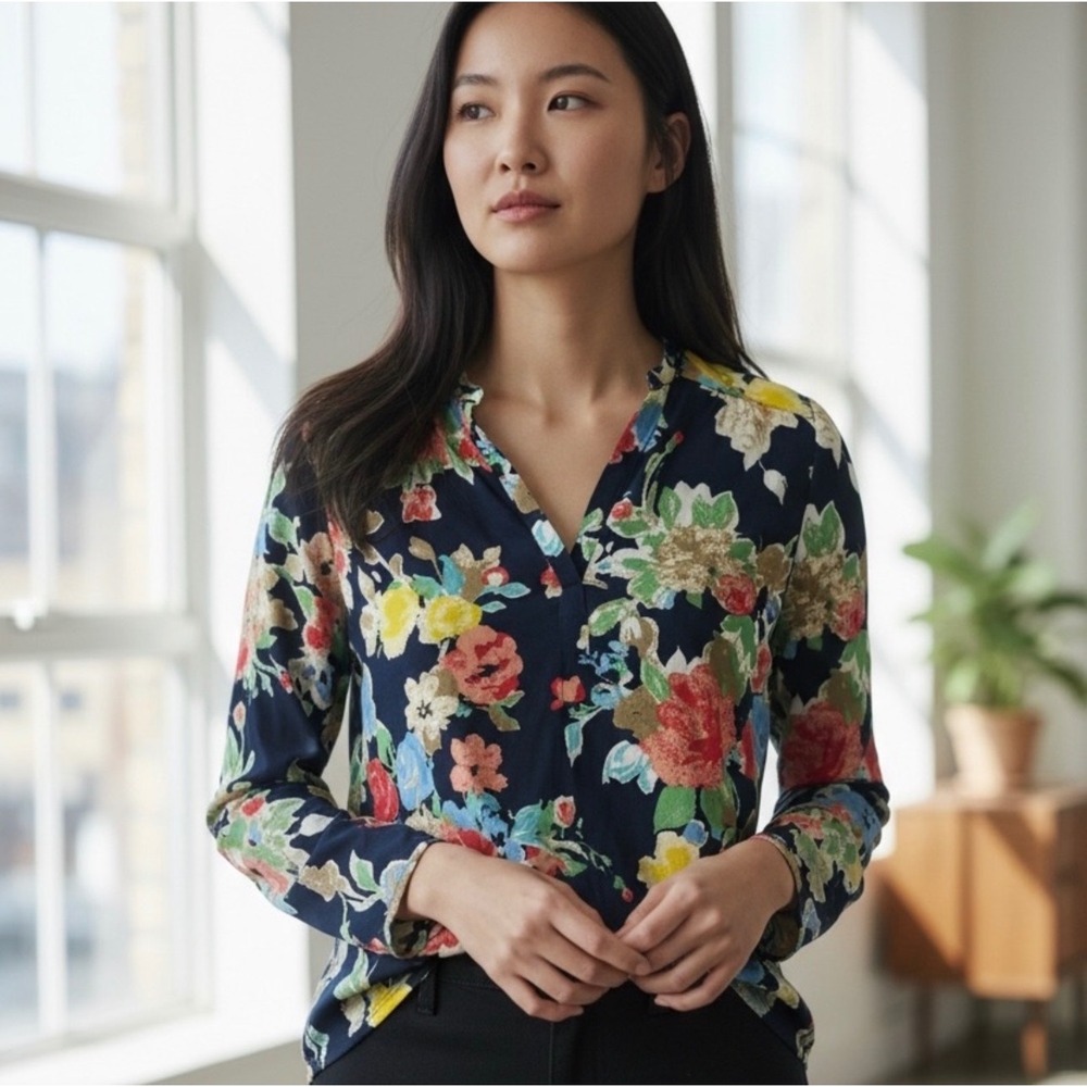 Lauren Ralph Lauren Womens XL Navy Floral Long Sleeve Split Neck Cotton Knit Top